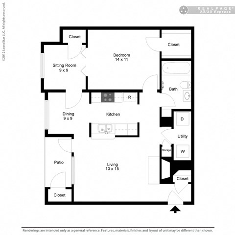 Floor plan for 1 bed, 1 bath, 823 sqft